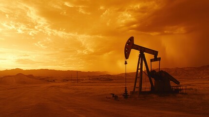 An oil pump jack operates against a stunning desert sunset, showcasing the contrast of industry and natural beauty in the dusky sky