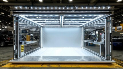 Fototapeta premium 3D rendering of a blank product stand illuminated by neon lights, offering a futuristic and high-tech backdrop for product presentations in a bold and modern style.