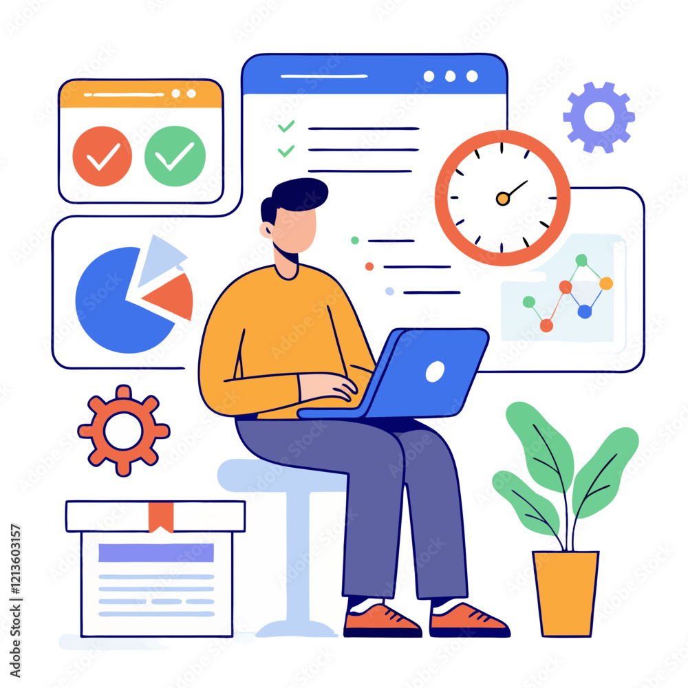 Poster a tester analyzes user experience and system performance while working on a laptop in a contemporary