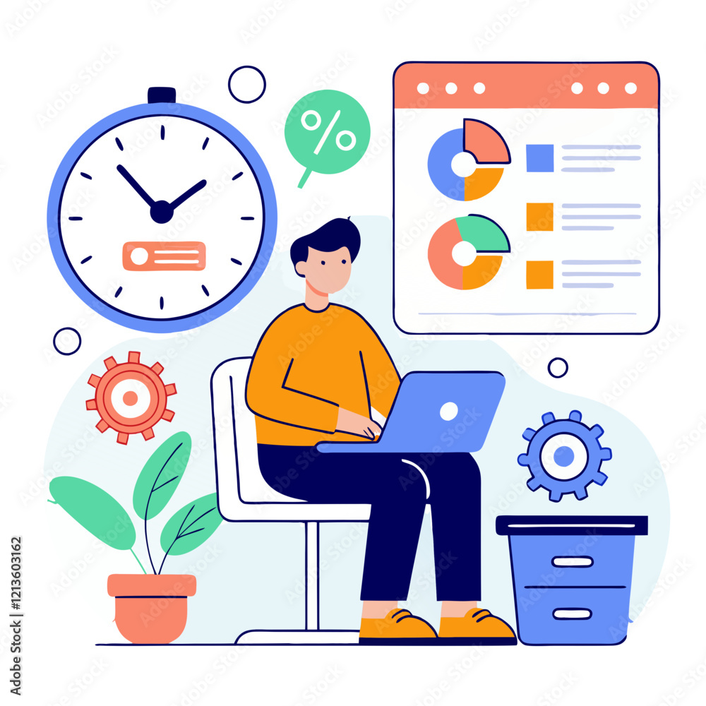 Poster a tester sits at a desk with a laptop, analyzing user experience and system performance metrics. cha