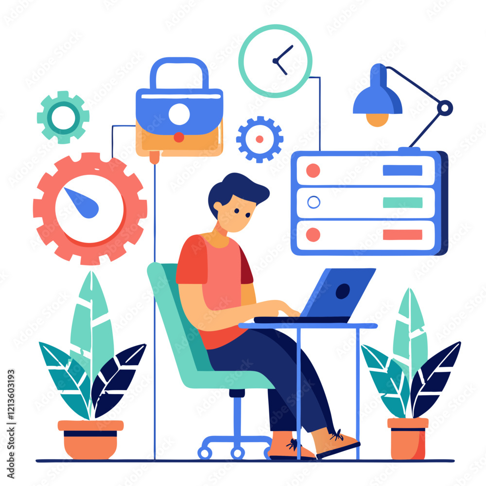 Poster a software tester performs stress tests for scalability at a desk with a laptop in a contemporary wo