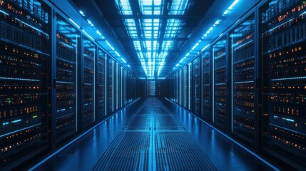 Obraz premium Blue-lit server room, data center aisle, network infrastructure, glowing racks, technology