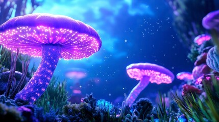 Enchanted Forest with Bioluminescent Mushrooms at Night