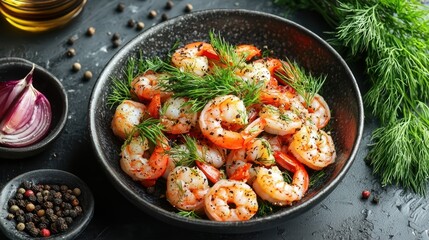 A bowl of seasoned shrimp garnished with fresh dill and spices.