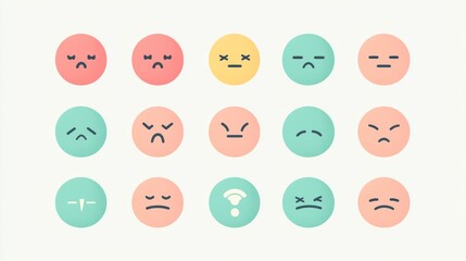 Power level emoticons, battery charge status icons, mint green to coral pink palette, cheerful to tired faces, clean linework, modern icon design, energy visualization