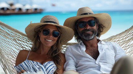 A relaxed couple enjoying a sunny beach day in hammocks with ocean views.