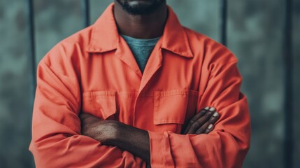 Inmate with crossed arms stands behind prison bars, dressed in an orange jumpsuit, showcasing the reality of incarceration
