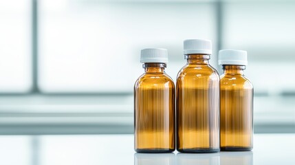 Three amber glass bottles with white caps are arranged on a surface, reflecting a clean, modern setting.