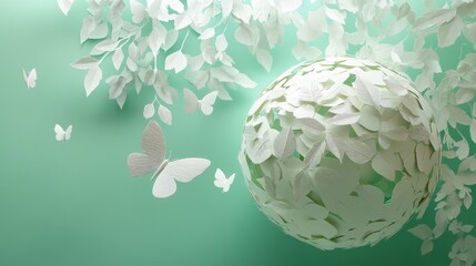 Sustainable paper art installation, floating paper globe, verdant forest layers, delicate cream butterflies, dimensional leaf cutouts, botanical paper sculptures, mint green gradient, naturalistic