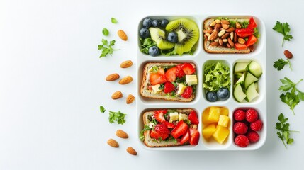 Contemporary food photography, organized lunch presentation, vibrant fresh ingredients, compartmented container styling, mixed fresh fruits, artisanal sandwich arrangement, scattered nuts