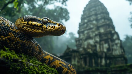 Obraz premium Majestic Python Coiled in Lush Jungle Amidst Ancient Temple Ruins, Evoking Mysteries of Nature and Time