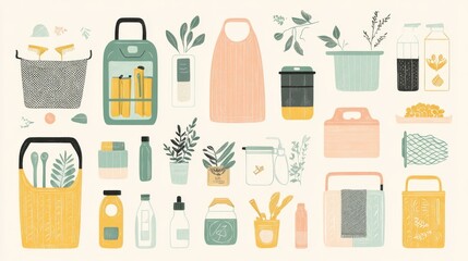 Sustainable lifestyle illustration set, color-coded recycling bins, eco shopping bags pattern, reusable containers collection, natural cleaning supplies, mesh produce bags, glass storage jars,