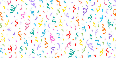 Birthday confetti seamless pattern background. Birthday decoration confetti, ribbon element, cute seamless pattern. Fun childish color abstract decoration element background. Vector illustration.