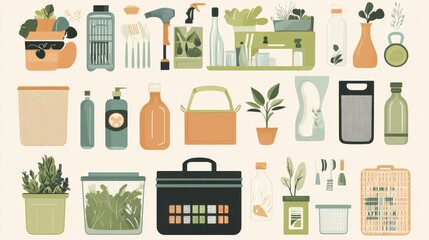 Sustainable living essentials illustration, organized recycling system, eco-friendly shopping elements, zero waste containers, natural cleaning supplies, mesh produce bags, environmental design set,
