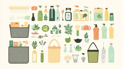 Sustainable living essentials illustration, organized recycling system, eco-friendly shopping elements, zero waste containers, natural cleaning supplies, mesh produce bags, environmental design set,