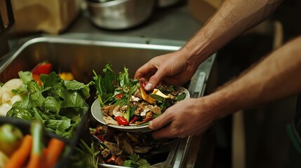 Food waste composting moment, hands scraping plate leftovers, organic kitchen waste collection, fresh produce in composting bin, lifestyle documentary photography, natural indoor lighting,