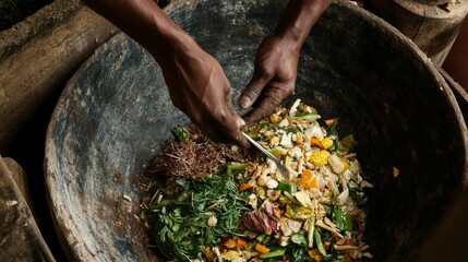 Obraz premium Sustainable kitchen practices photograph, plate clearing action shot, organic waste sorting, vegetable scraps collection, hands with dining utensils, candid composting scene, natural daylight