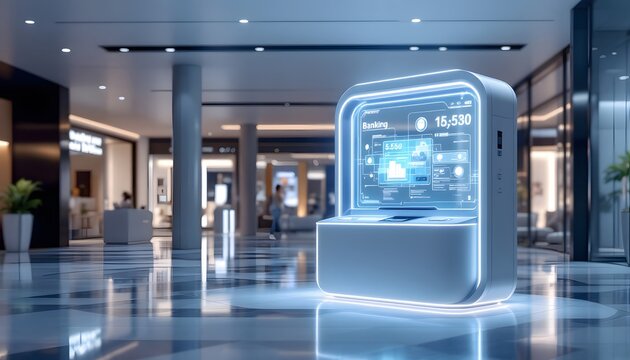 Futuristic Smart Banking Kiosk in Modern Mall
