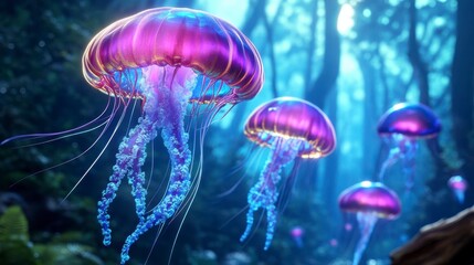 Bioluminescent Jellyfish in a Magical Underwater Forest Scene