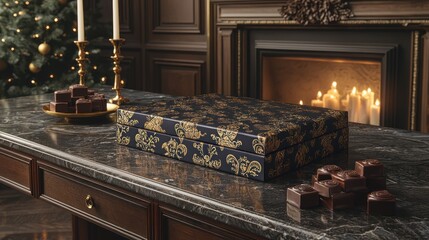 A decorative box of chocolates on a marble table, with candles and a festive backdrop.