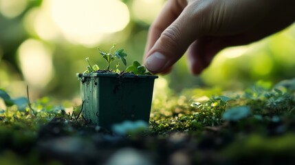 Micro scale sustainability scene, detailed green waste receptacle, precise hand interaction moment, textured outdoor environment, deliberate focus on miniature elements, environmental consciousness