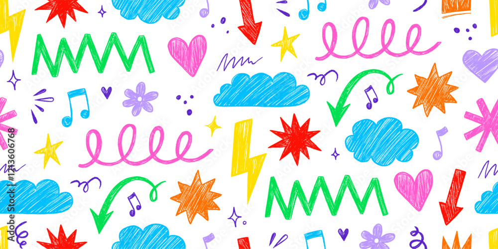 Aufkleber kid shape color seamless pattern background. crayon scribble fun children color hand drawn pencil br