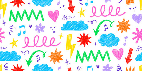 Kid shape color seamless pattern background. Crayon scribble fun children color hand drawn pencil brush shape seamless background. Abstract pattern crayon children pattern design. Vector illustration