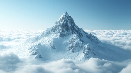 A majestic snow-covered mountain rises above a sea of clouds under a clear blue sky.