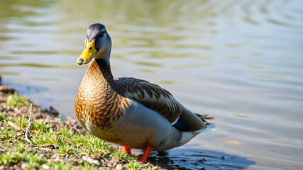 Fototapeta premium A female mallard duck stands alert on the edge of a calm pond