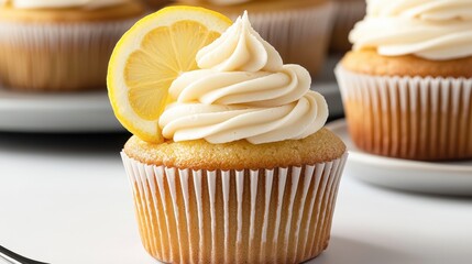 A delightful lemon cupcake topped with creamy frosting and a lemon slice, perfect for dessert lovers and special occasions.