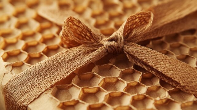 Sustainable gift wrap composition, corrugated honeycomb paper textures, handtied ribbon accents, minimalist packaging design, natural brown paper tones, artisanal wrapping technique, environmental