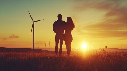 Renewable energy landscape portrait, towering wind turbines at dusk, human silhouettes embracing sunset, atmospheric lens flares, rolling rural terrain, clean energy infrastructure, environmental