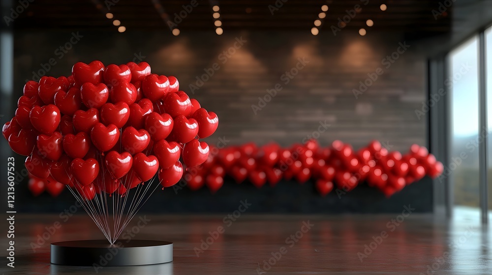 Poster elegant and modern valentine s day concept with a floating arrangement of red heart shaped balloons 