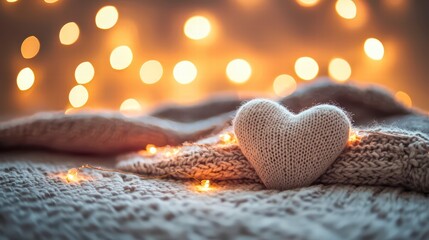 Cozy Heart: A heartwarming image of a soft, knitted heart resting on a cozy knit sweater, illuminated by the warm glow of fairy lights, evoking feelings of warmth, love, and comfort.