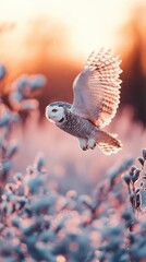 A Beautifully Captured Snowy Owl in Flight Over Frosty Landscape During a Colorful Sunrise with Warm Tones and Soft Focused Background