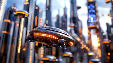 Futuristic Hovering Vehicle in a Neon Cityscape at Dusk