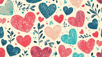 Heartfelt Doodle Pattern:  A charming and romantic seamless pattern featuring hand-drawn hearts in various shades of red, blue, and pink, adorned with delicate floral accents.