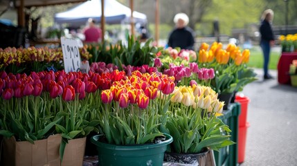 Fototapeta premium Vibrant Tulip Display at Farmers Market: A colorful array of tulips in various shades of red, yellow, orange, and pink are beautifully displayed at a bustling farmers market.