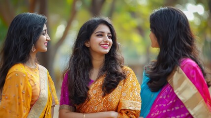 The Sisterhood of Laughter: Three young women, adorned in vibrant Indian saris, share a warm and intimate moment of laughter and connection against a backdrop of lush greenery.
