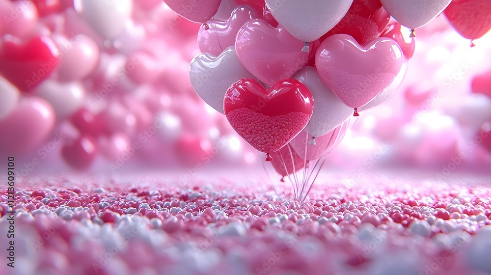 Aufkleber elegant 3d rendering featuring floating pink and white heart shaped balloons on a soft pink backgrou