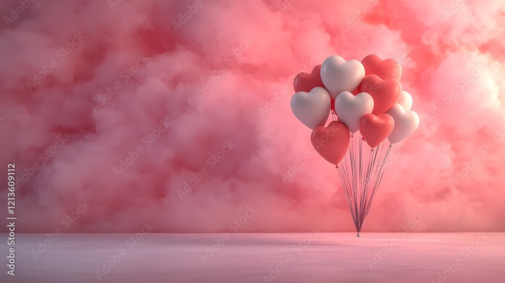 Poster elegant 3d rendering with floating pink and white heart shaped balloons against a soft pastel pink b