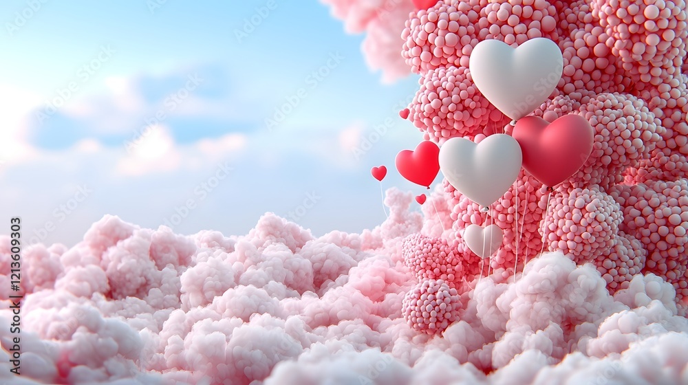 Poster stunning 3d rendering of pink and white heart shaped balloons floating gently against a soft pastel 