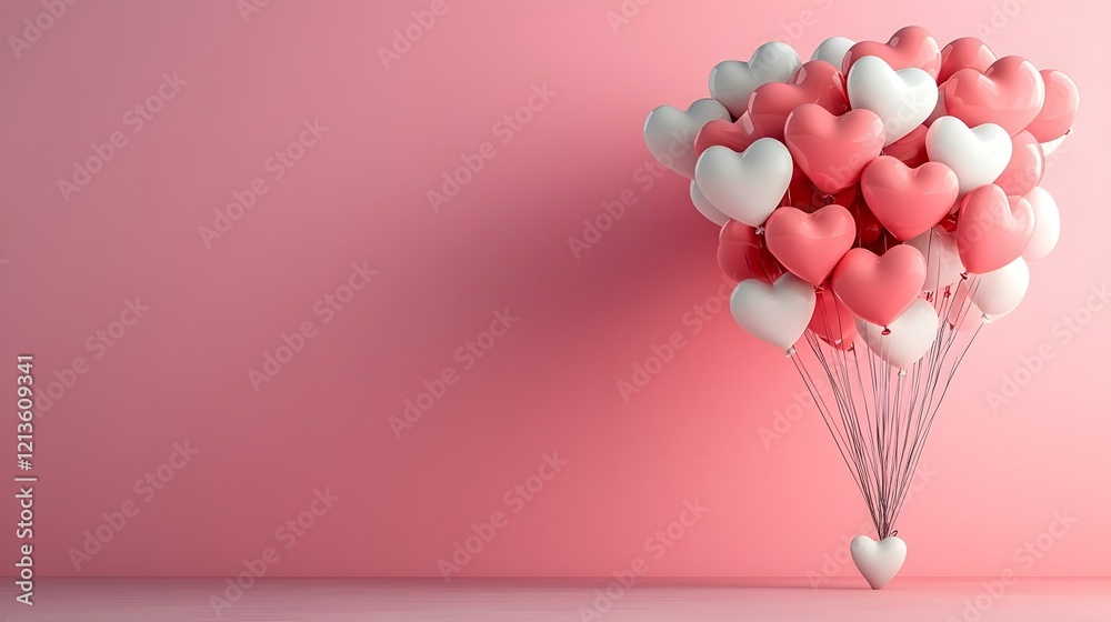 Poster a captivating 3d rendering showcasing a bouquet of pink and white heart shaped balloons floating aga