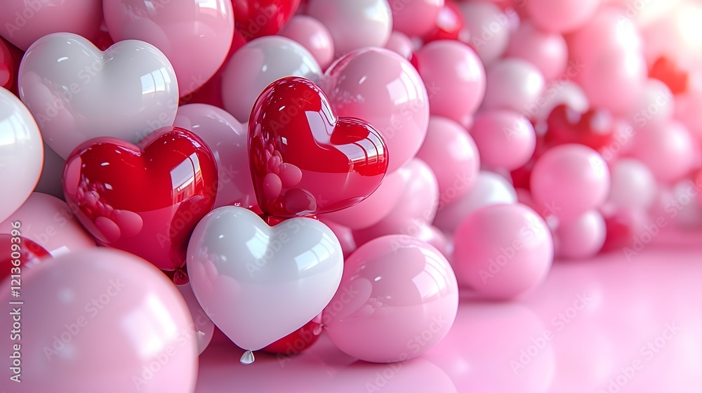 Aufkleber bright and cheerful 3d rendering of pink red and white heart shaped balloons floating on a vivid gra