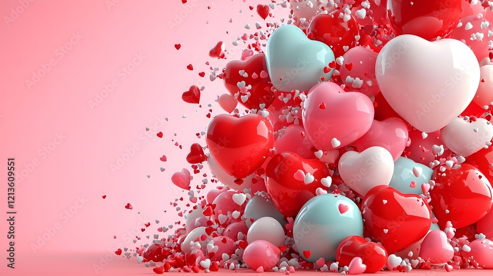 Poster vibrant 3d rendering of heart shaped balloons in shades of pink red and white floating against a rad
