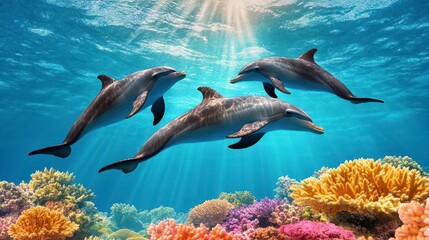 Obraz premium Playful Dolphins Swimming in Vibrant Coral Reef Underwater Scene