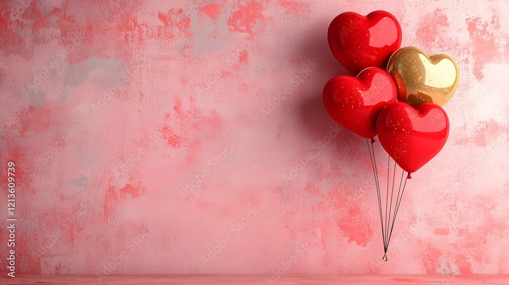 Aufkleber playful 3d heart shaped balloons in a vibrant mix of red pink and gold colors floating against a bri