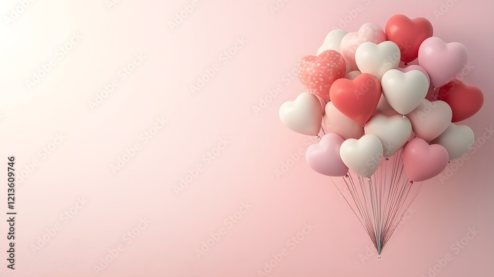 Aufkleber Beautifully rendered 3D heart shaped balloons in a vibrant array of pink red and white hues floating against a lively pink gradient backdrop