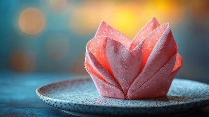A beautifully folded pink napkin resembling a lotus flower on a decorative plate.