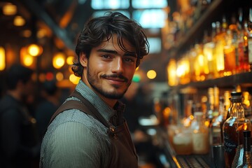 Fototapeta premium Bartender smiles in busy, warmly lit bar with liquor bottles